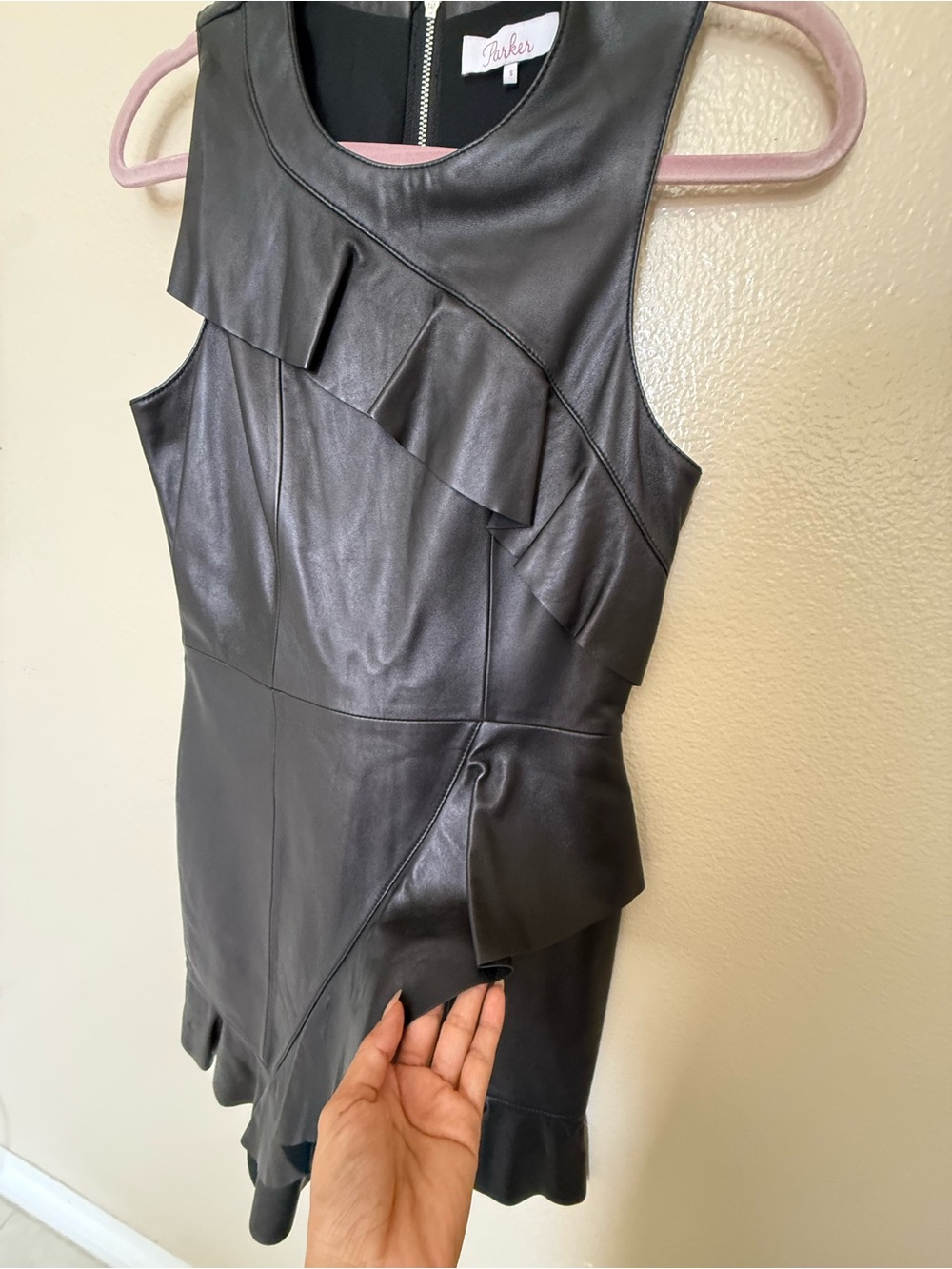 Parker Black Genuine Leather Ruffle Sheath Dress Size S Cocktail Goth Luxury - Picture 4 of 10
